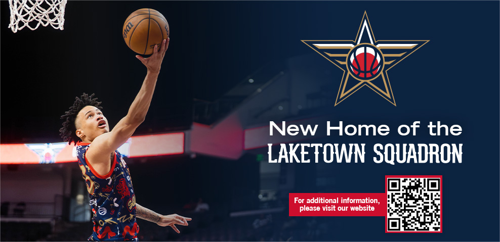 New Home of Laketown Squadron graphic with basketball player